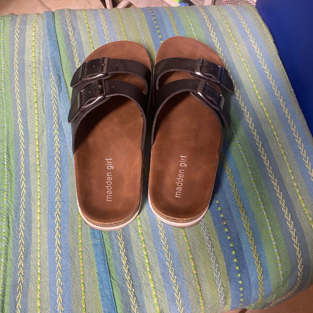 Madden Girl Black and Brown Buckle Slides